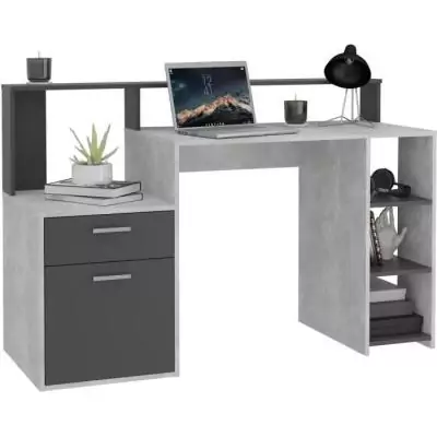Bureau avec réhausse et rangements - Gris béton/antracite