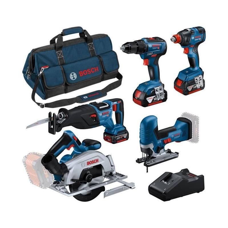 Ensemble d'outils sans fil 18V Bosch : GSR 18V-55 + GST 18V-125 S + GKS 18V-57-2 + GSA 18V-28 + GDX 18V-200 + 3 batteries 4.0Ah 