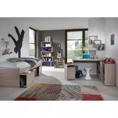 Lit combiné enfant CARLO - Mélamine chene - 90 x 200 cm - Design compact