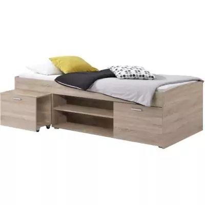 Lit combiné enfant CARLO - Mélamine chene - 90 x 200 cm - Design compact