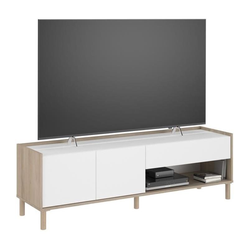 Meuble TV MORPHOS - Moderne et Pratique - Décor blanc / Chene - 150 x 47,3 x 40 cm