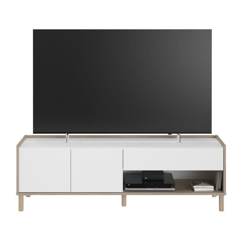 Meuble TV MORPHOS - Moderne et Pratique - Décor blanc / Chene - 150 x 47,3 x 40 cm