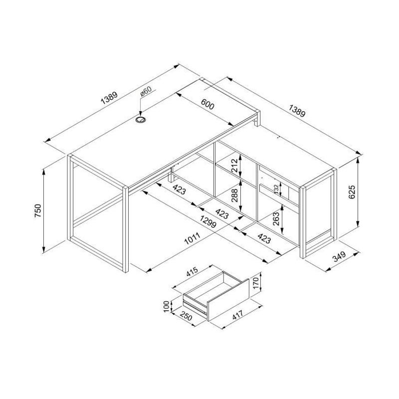 Bureau d'angle réversible Denver - Chêne artisan/Anthracite