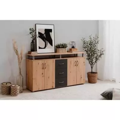 Buffet NEVADA: Style artisan en chêne et anthracite - 4 portes 3 tiroirs Buffet NEVADA: Style artisan en chêne et anthracite - 4 portes 3 tiroirs