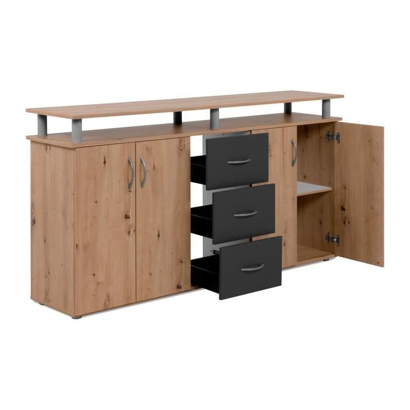 Buffet NEVADA: Style artisan en chêne et anthracite - 4 portes 3 tiroirs