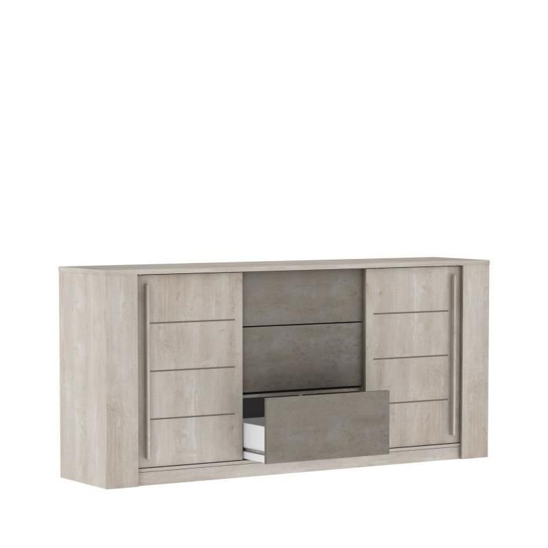 Enfilade ANTIBES 2 portes coulissantes + 3 tiroirs - Chene champagne et béton beige