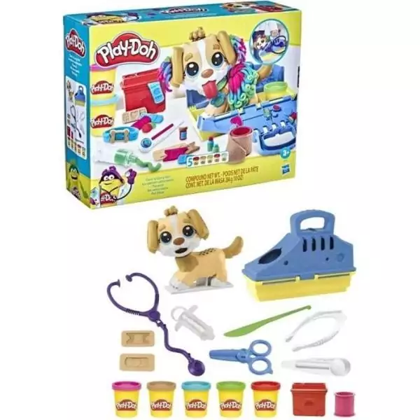 Play-Doh Le cabinet vétérinaire avec chien, avec 5 pots de pâte a modeler et 10 outils, jouet périscolaire, Les classiques