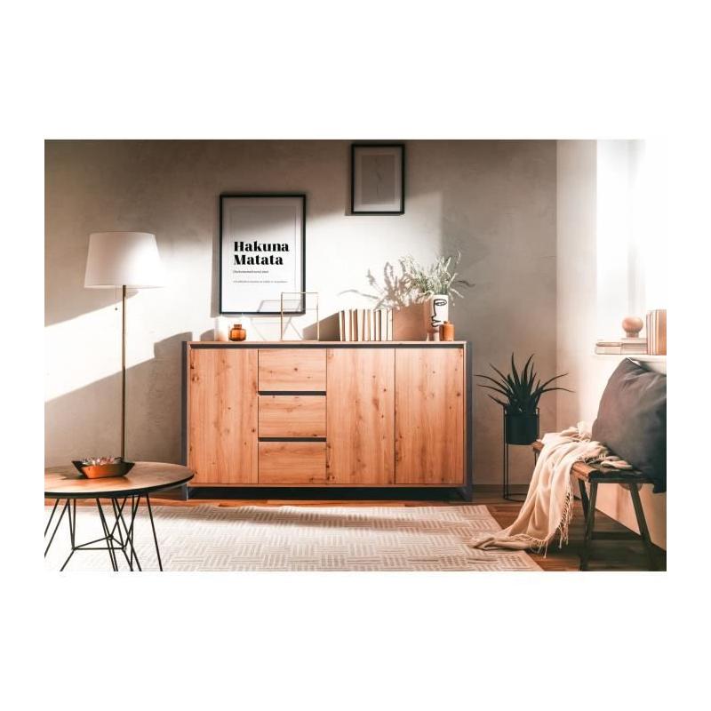 Buffet DENVER 3 portes 3 tiroirs - Chene artisan / Anthracite