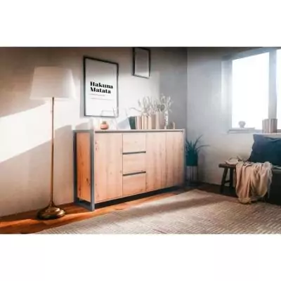 Buffet DENVER 3 portes 3 tiroirs - Chene artisan / Anthracite