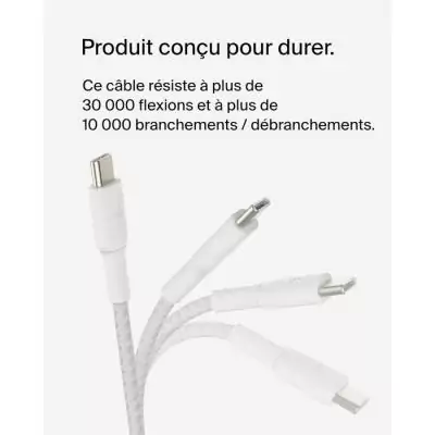 Câble tressé - BELKIN - USB-C vers USB-C - 2 m - Blanc Câble tressé - BELKIN - USB-C vers USB-C - 2 m - Blanc