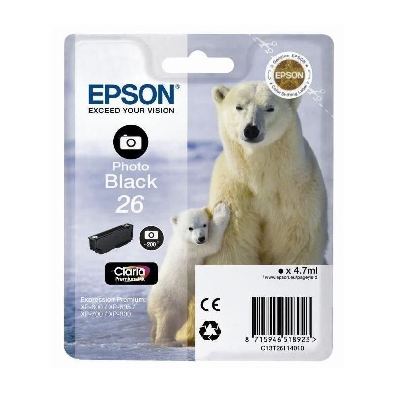 Cartouche d'encre EPSON T2611 Noir photo - Ours Polaire | Imprimante - Longueur: 11cm, Largeur: 14cm, Hauteur: 3cm