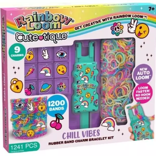 Coffret fabrication automatique de bracelets élastiques - BANDAI - Rainbow Loom Cute Tique - Contient 1200 Élastiques et acces