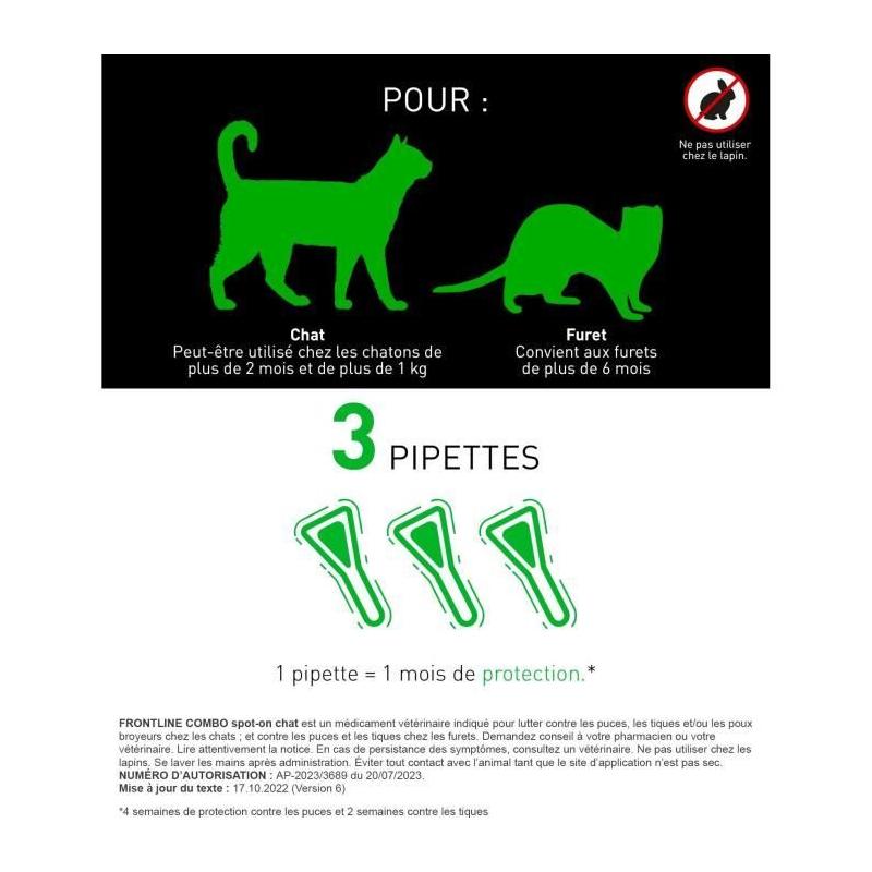 Traitement antiparasitaire FRONTLINE 3 pipettes Combo Chats et Furets