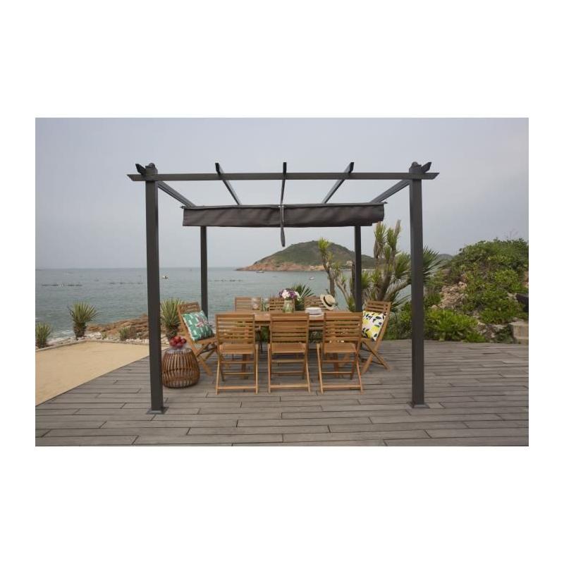 Pergola KIBA avec toit déroulant - Gris - 3 x 3 m : Facile à monter