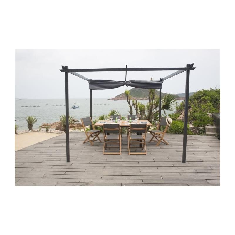 Pergola KIBA avec toit déroulant - Gris - 3 x 3 m : Facile à monter