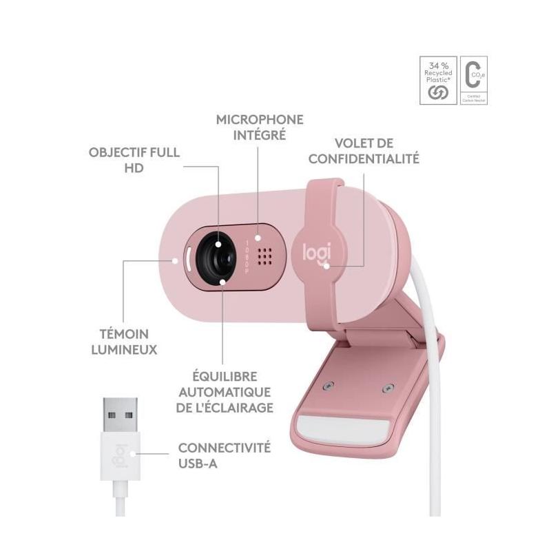 Webcam Logitech Brio 100 Full HD Rose avec Confidentialité et Correction Automatique