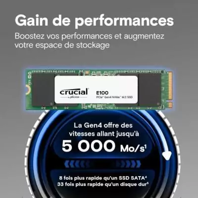 SSD interne CRUCIAL E100 1 To PCIe Gen4 NVMe M.2 - Jusqu'à 5000 Mo/s