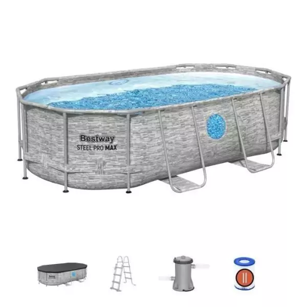 Kit Piscine hors sol tubulaire BESTWAY - Steel Pro MAX™- 427 x 250 x 100 cm - Ovale (Filtre a cartouche, échelle, bâche, 1 c