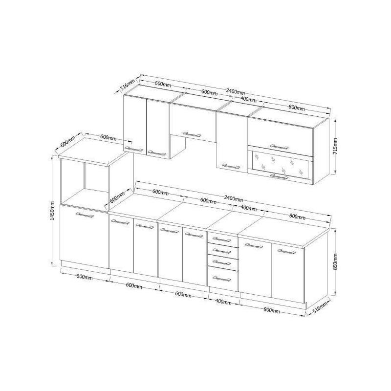 Cuisine complète L 300 cm avec four et hotte - Chêne Sonoma