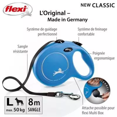Laisse New Classic L Tape 8 m blue Flexi CL30T8-251-BL-20 - Pratique et robuste