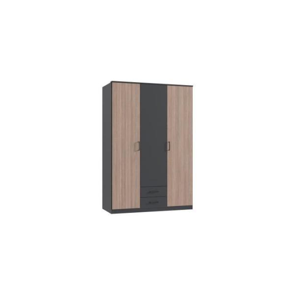 Armoire AGIA - Décor gris et chene - 3 portes battantes + 2 tiroirs - L135 x H199 x P58 cm