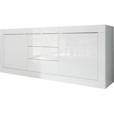 Buffet BASICO 2 Portes 3 Tiroirs Blanc Laqué Brillant - L210xP42xH85,8 cm