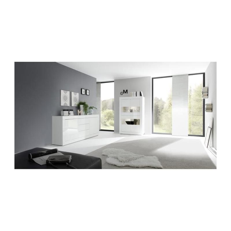 Buffet BASICO 2 Portes 3 Tiroirs Blanc Laqué Brillant - L210xP42xH85,8 cm