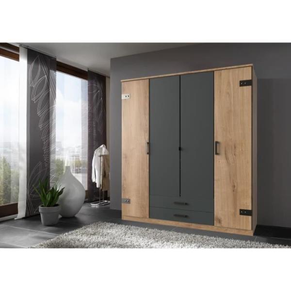Armoire CORFOU - Décor Chene et gris anthracite - 4 portes battantes - 2 tiroirs - L180 x P58 x H199 cm