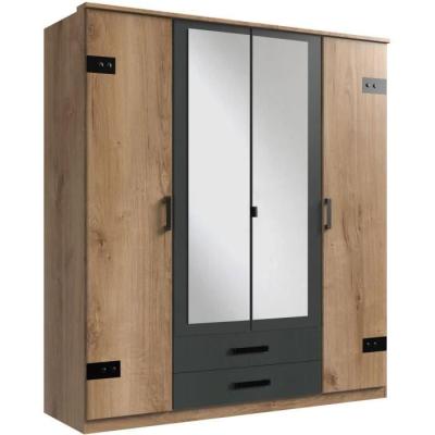 Armoire de chambre CORFOU 4 portes 2 miroirs Chêne poutre / Graphite