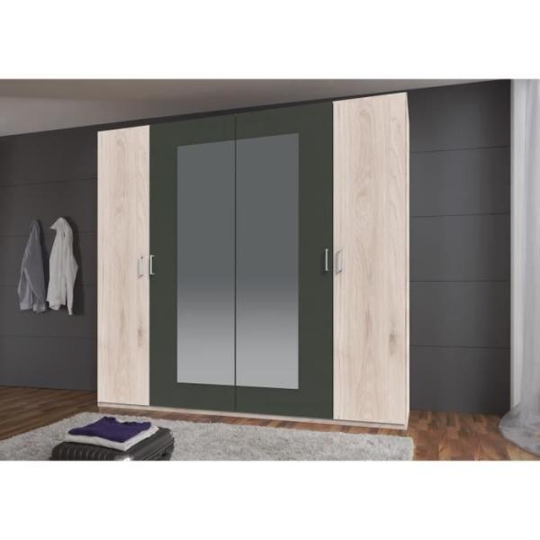 Armoire RHODES - 4 portes + miroirs - Décor Chene Hickory et gris - L225 x P58 x H208 cm