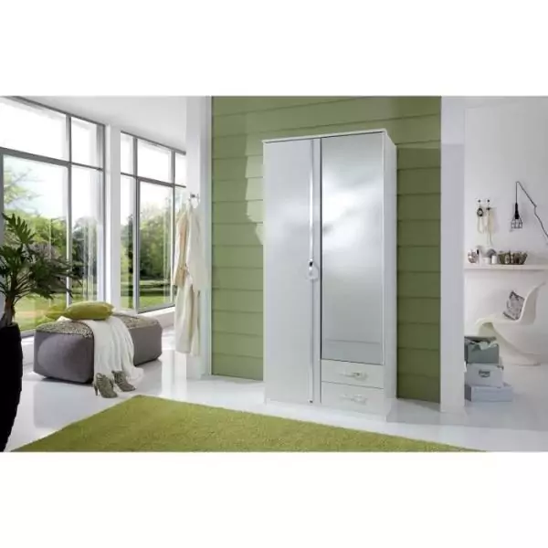 Armoire 2 portes battantes + miroir - Blanc brillant - L 91 x P 56 x H 199 cm - TRIO