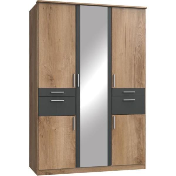 Armoire Décor Chene & Graphite - 5 portes battantes - Miroir - 4 tiroirs - L135 x P58 x H199 cm - VOLOS