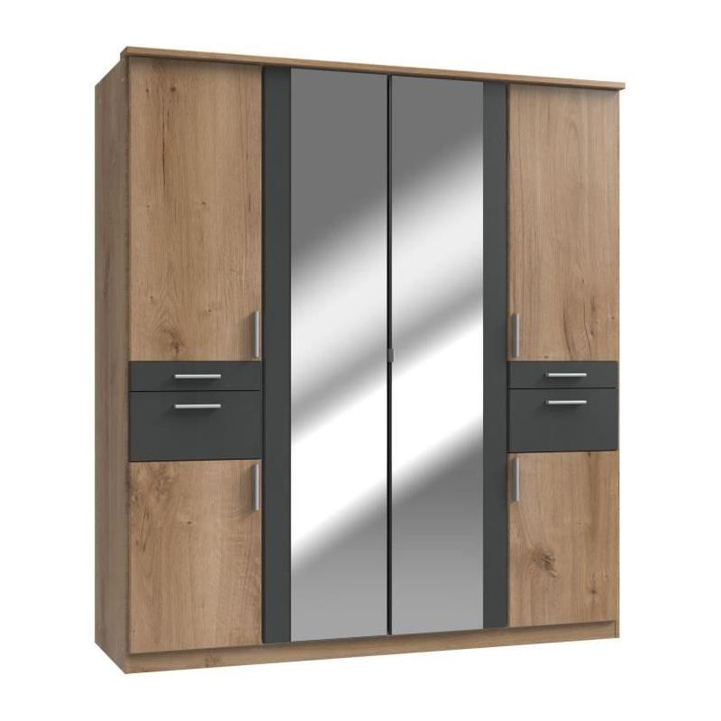 Armoire de chambre VOLOS Chêne poutre / Graphite - 6 portes - 2 miroirs