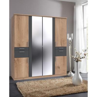 Armoire de chambre VOLOS Chêne poutre / Graphite - 6 portes - 2 miroirs