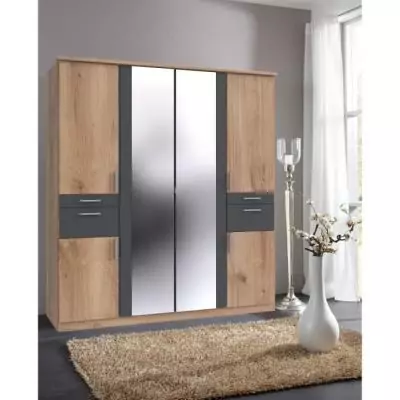 Armoire de chambre VOLOS Chêne poutre / Graphite - 6 portes - 2 miroirs Armoire de chambre VOLOS Chêne poutre / Graphite - 6 portes - 2 miroirs