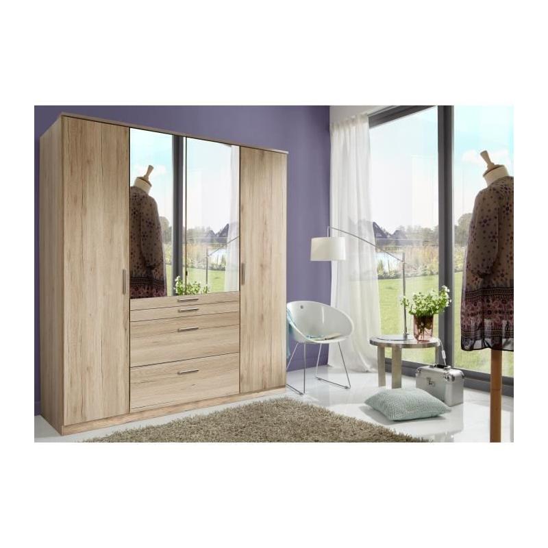 Armoire Chêne San Remo - 4 portes battantes - 2 miroirs - 4 tiroirs