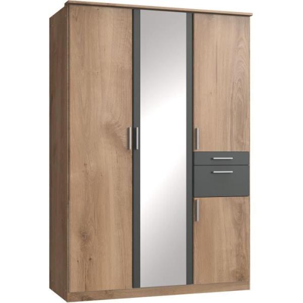 Armoire de chambre - VOLOS - Chene poutre / Graphite - 4 portes - 1 porte miroir - 2 tiroirs - 135 x 58 x 199 cm
