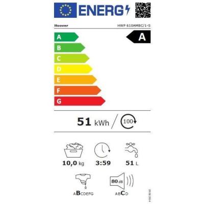 Lave-linge Hoover HWP 610AMBC/1-S: 10kg, Induction, Vapeur - Blanc