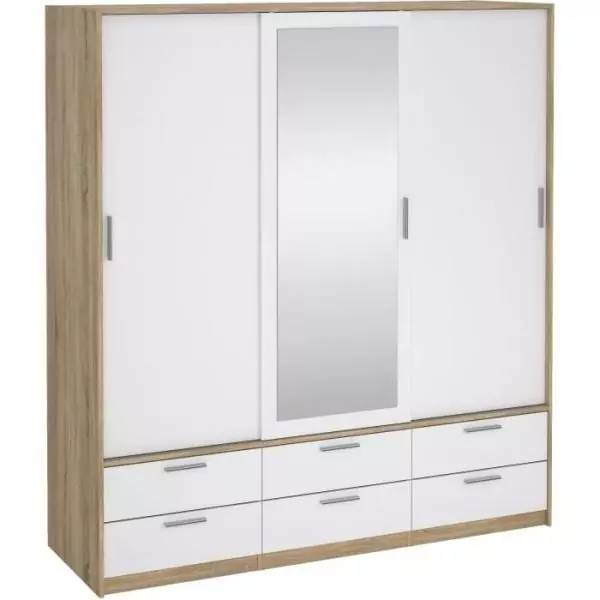 Armoire - Décor Blanc et chene + miroir - 3 portes coulissantes - 6 tiroirs - L181,4 x P60,25 x H200 cm - ONTARIO