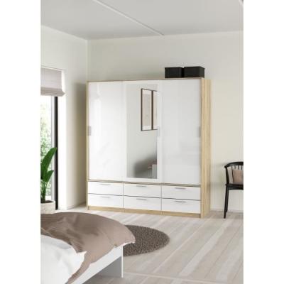 Armoire de chambre ONTARIO - 3 portes - 6 tiroirs - Blanc brillant / Chene