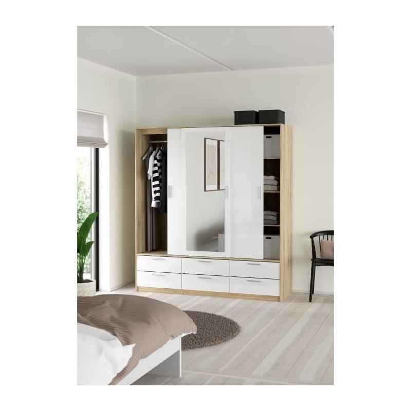 Armoire de chambre ONTARIO - 3 portes - 6 tiroirs - Blanc brillant / Chene
