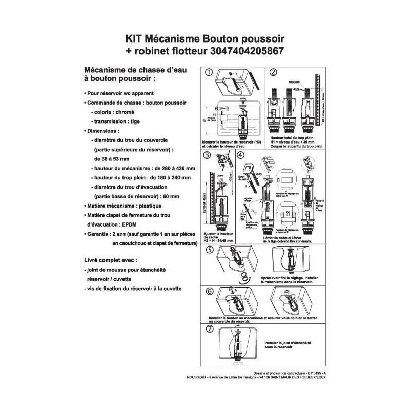 Mécanisme chasse d'eau ajustable ROUSSEAU pour WC - PIECE DETACHEE