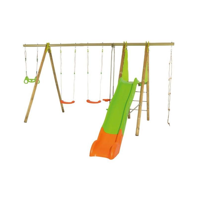 Portique de jeux en bois avec poutre métal - TECHWOOD MAKUTA 2,30 m + toboggan - Pour 8 enfants