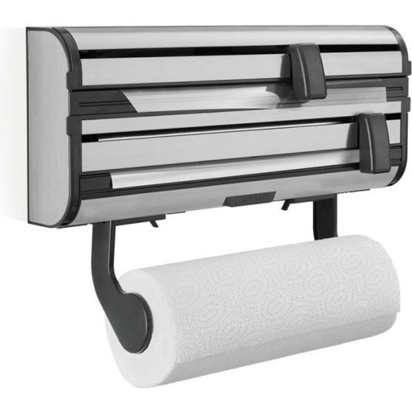 Dérouleur mural Leifheit Parat Royal 25793, porte-rouleau cuisine en acier inoxydable pour 3 rouleaux, lames tranchantes, blanc