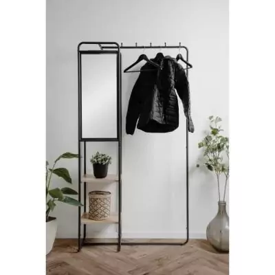 Meuble d'entrée LUTON - Design Métallique - Noir/Chêne - 100x185x37cm