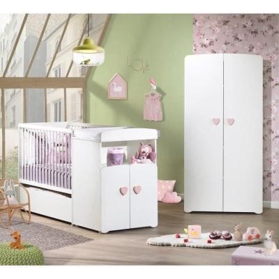 Lit bébé combiné évolutif - BABY PRICE - Basic - Blanc - Bouton coeur rose