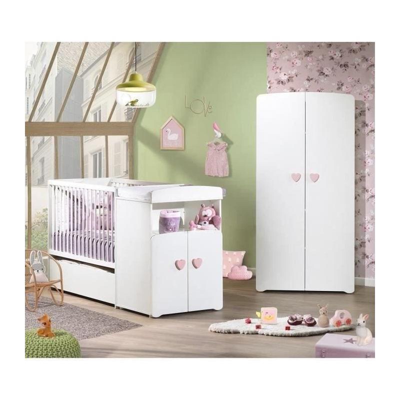 Lit bébé combiné évolutif - BABY PRICE - Basic - Blanc - Bouton coeur rose