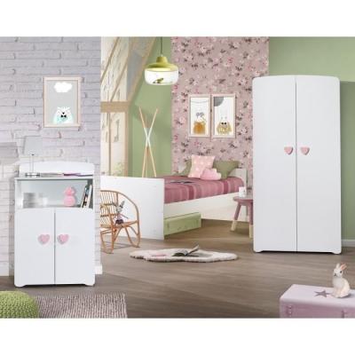 Lit bébé combiné évolutif - BABY PRICE - Basic - Blanc - Bouton coeur rose