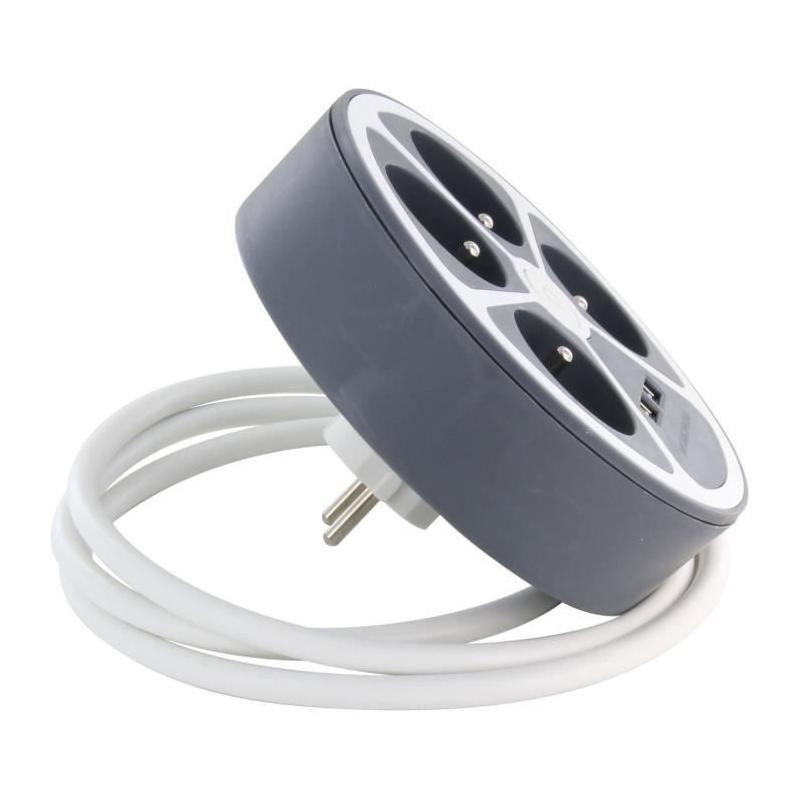 Bloc cercle - CHACON - 4 x16 A + 2 USB-1 - 1,5 m - Gris - Compact et polyvalent