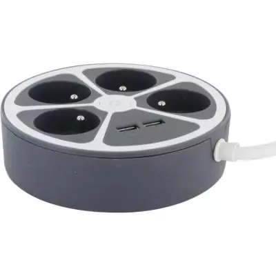Bloc cercle - CHACON - 4 x16 A + 2 USB-1 - 1,5 m - Gris - Compact et polyvalent Bloc cercle - CHACON - 4 x16 A + 2 USB-1 - 1,5 m - Gris - Compact et polyvalent